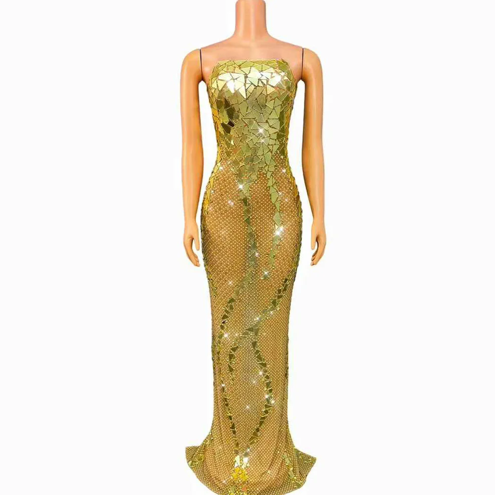 

Роскошное золотое блестящее зеркало со стразами, сетчатое платье-труба, женское вечернее коктейльное платье для дня рождения, элегантный сценический наряд