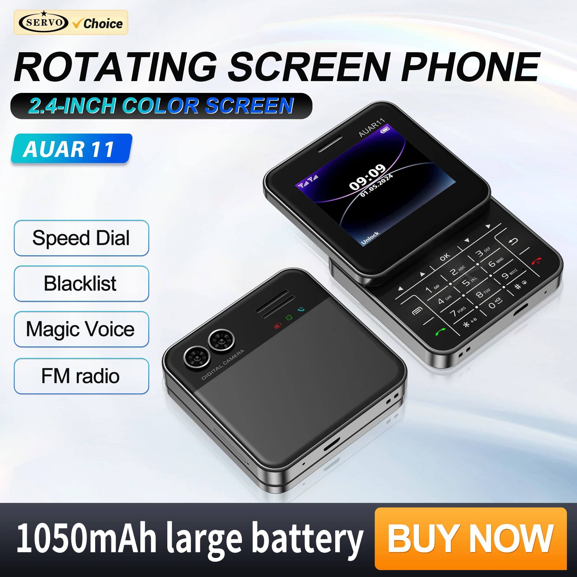 SERVO AUAR11 Rotating Mobile Phone 2 SIM Stadby Torch Speed Dial Magic Voice FM Radio 2G GSM 2.4'' Slide Screen Small Cellphones