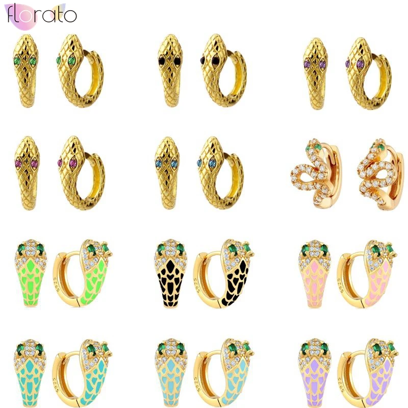 

925 Sterling Silver Needle Vintage Metal Snake Type Round Hoop Earrings for Women Colorful Enamel Gold Earrings Fashion Jewelry