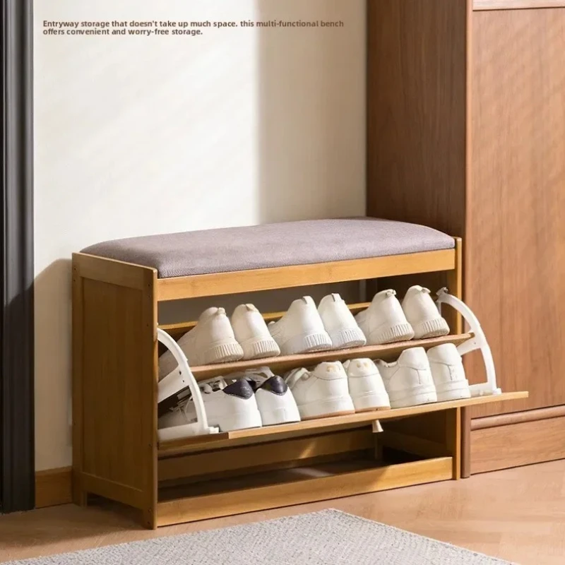 New bamboo shoe changing stool and shoe cabinet integrated, dust-proof flip door shoe cabinet, soft cushion shoe wearing stool