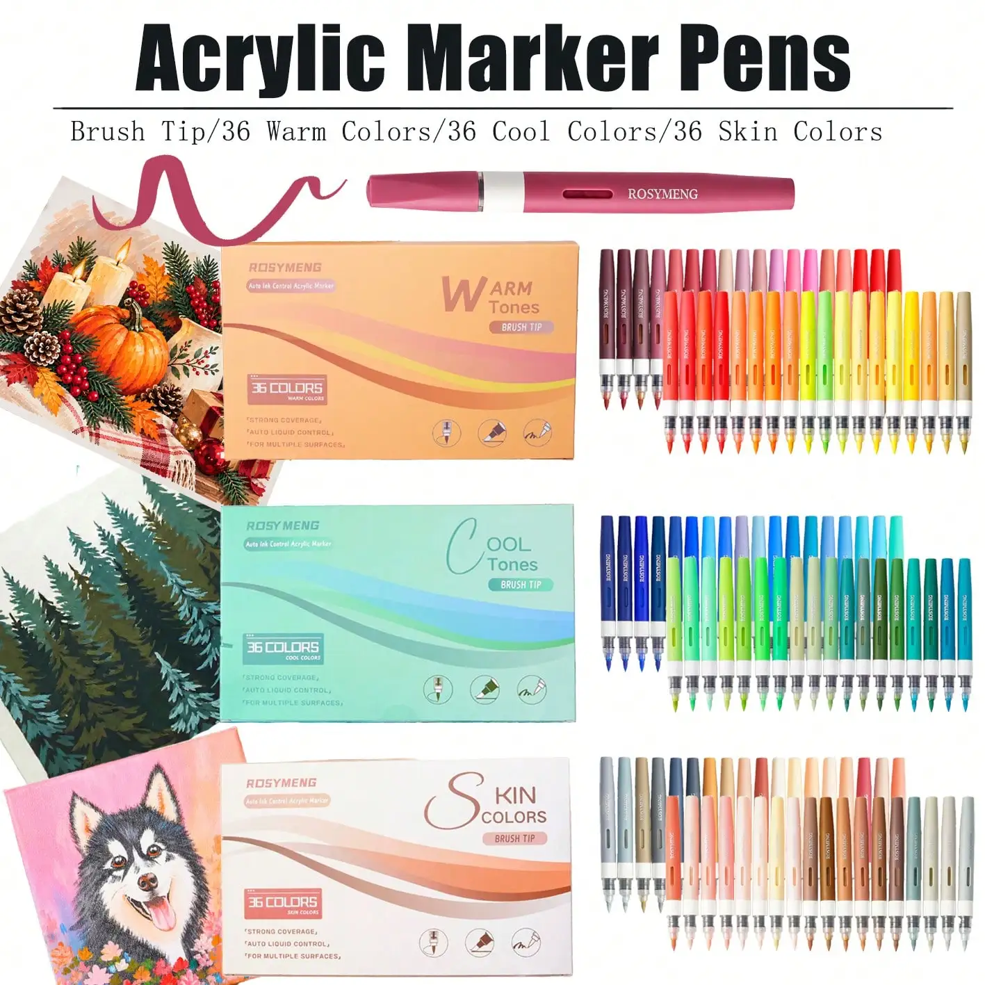 ROSYMENG 36 Color Set of Acrylic Liquid Ink Markers Smooth Writing Waterproof Non-Piercing Paper High-Coverage Soft-Haired Tip