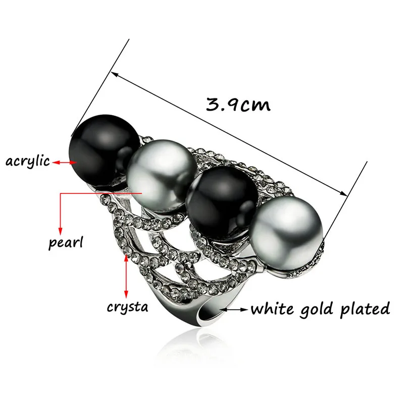 SINLEERY Black Acrylic Ball With Gray Simulated Pearl Long Rings For Women Silver Color Crystal Vintage Jewelry JZ168