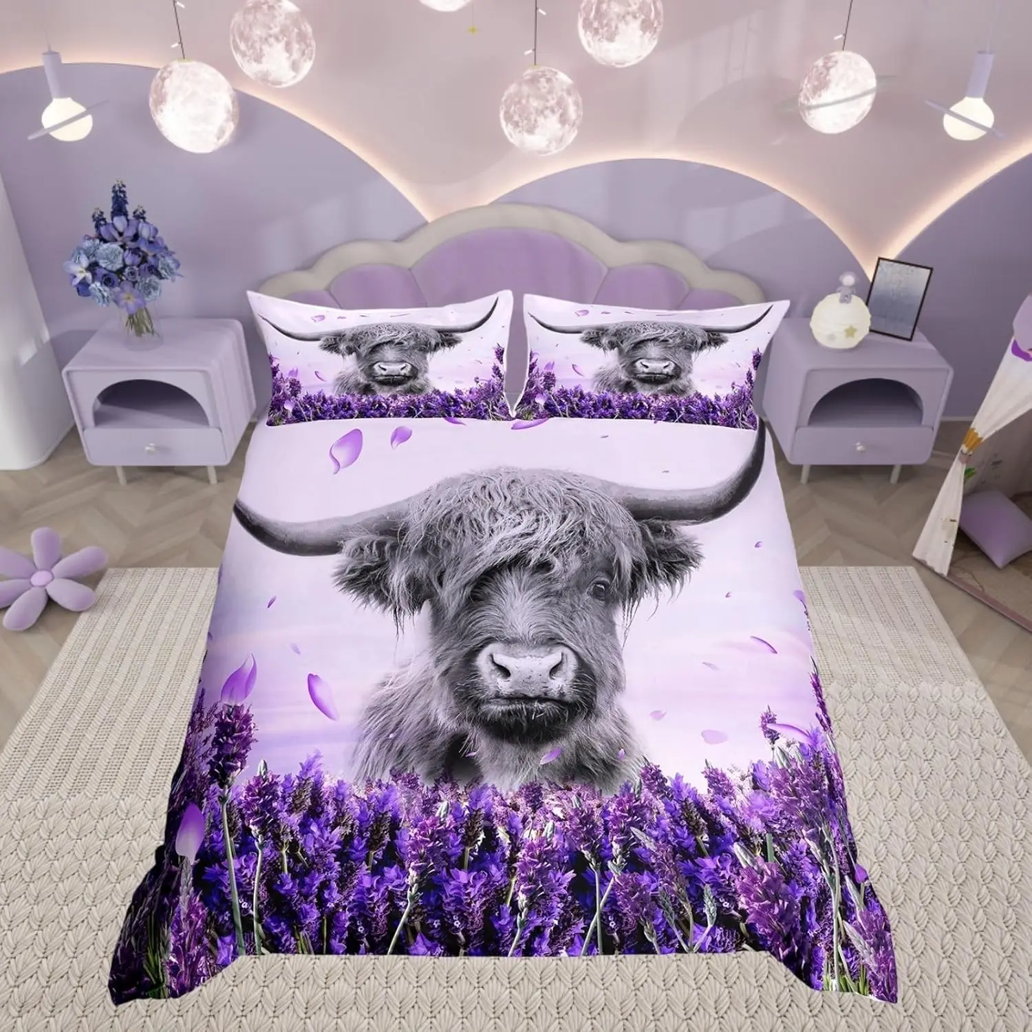 Purple Highland Cow Duvet Cover Set King Size Cottagecore Floral Lavender Bedding Set With 2 Pillowcases For Women