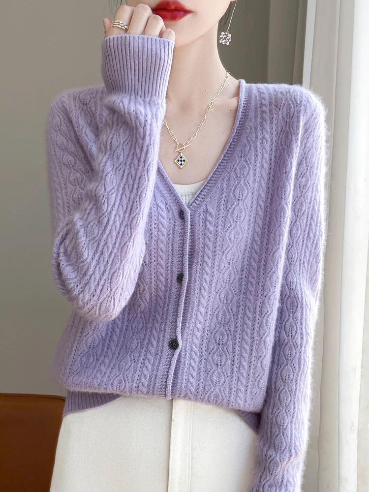 

2024 Autumn Winter Women V-neck Cardigan Cable Knit Hollow Cashmere Sweater 100% Merino Wool Knitwear Grace Long Sleeve Clothing