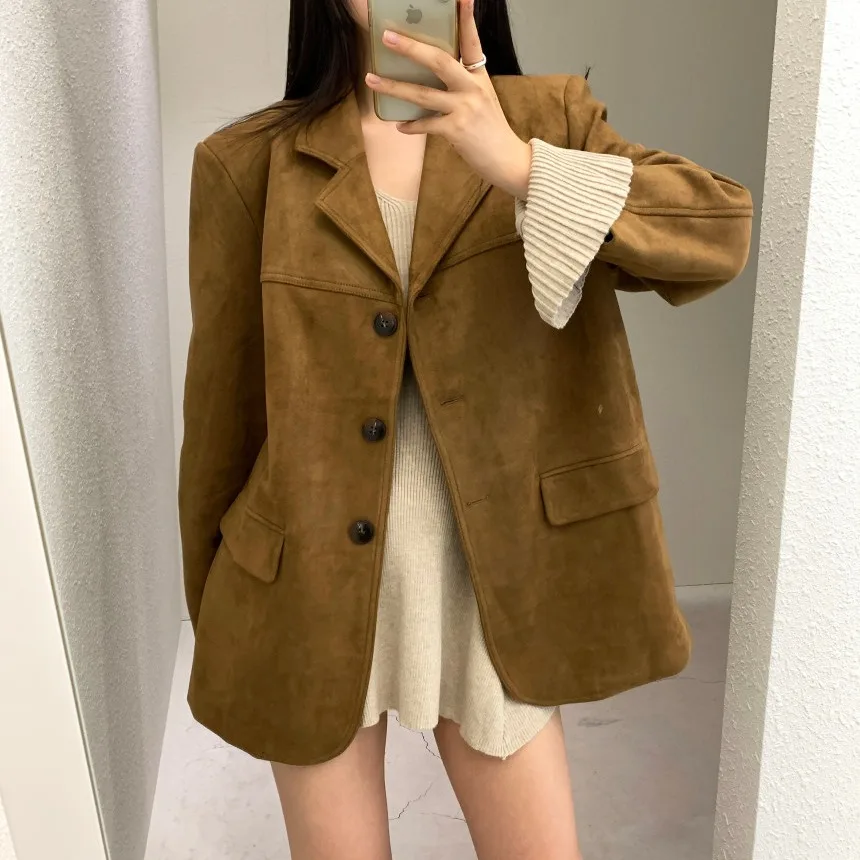 

Chic Women's Leather Jacket Autumn Winter Fashion Commute Coffee Color Deer Skin Velvet Top Vintage High-End Feeling Coat