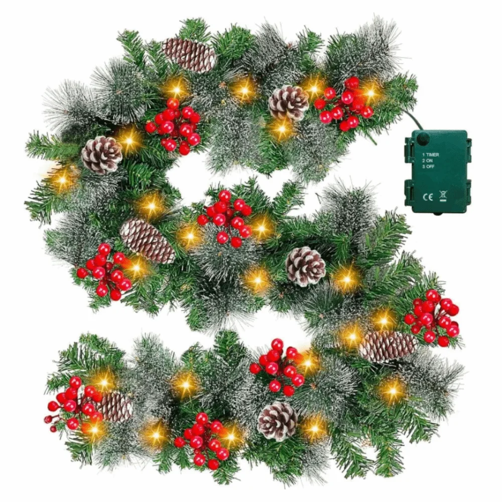 

8 Modes LED Christmas Garland Lifelike Waterproof Lighted Xmas Wreath with Warm White Lights PVC Christmas Hanging Ornaments