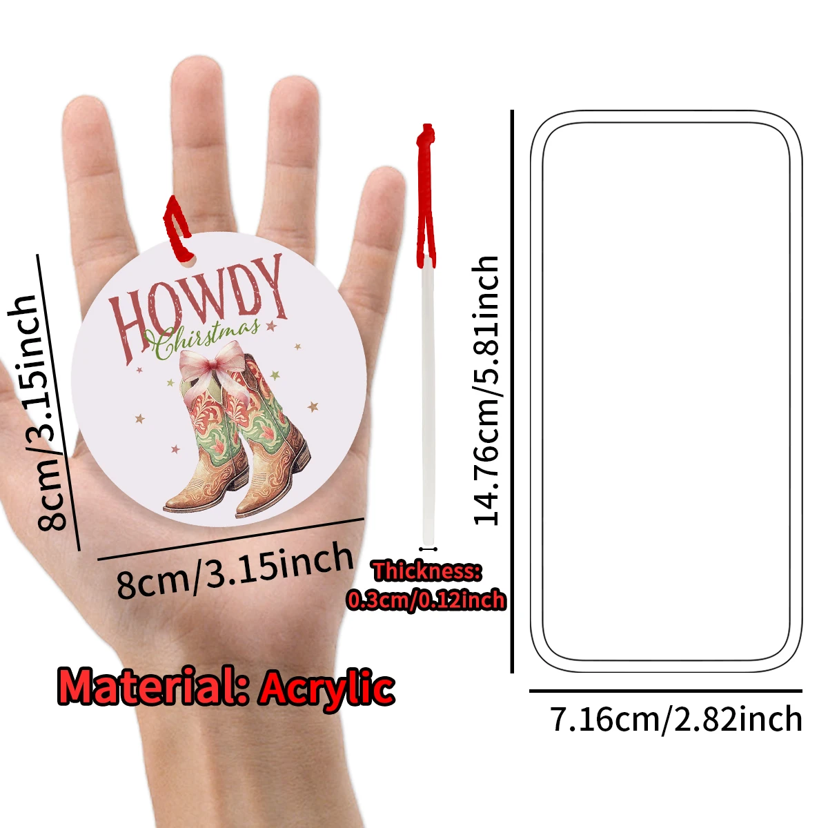 1pc Cowboy Boots Christmas Ornament,Xmas Tree Hanging Ornaments,Howdy Western Cowgirl Acrylic Pendant,Christmas Decorations Gift