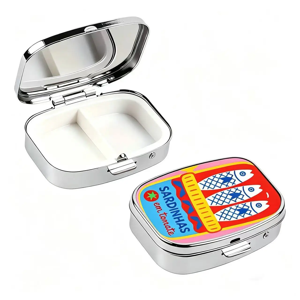 Colorful Sardine Can "Sardinhas em Tomate" Print Metal Pill Box, Portable 2-Compartment Travel Pill Organizer for Vitamins & Pil view 4