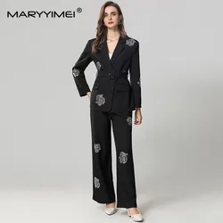 MARYYIMEI Autumn and winter Women's Suit Notched Double-breasted Tops+Straight leg pants Beading Two piece set With Belt