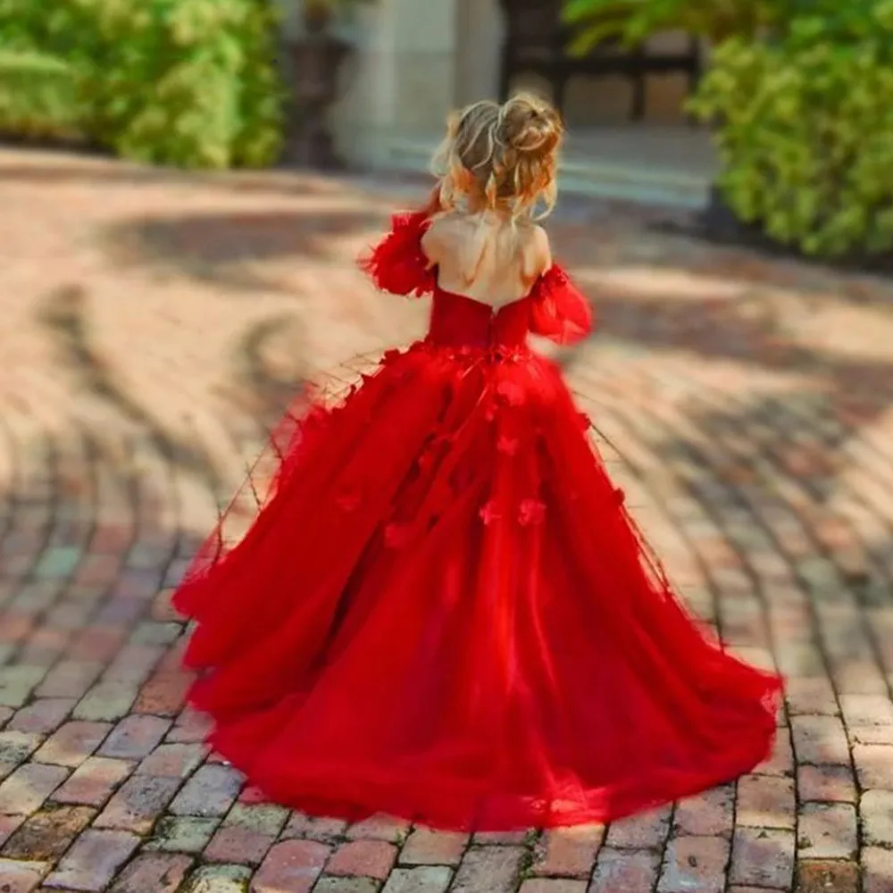 Red Flower Girl Dresses Kids Puff Sleeves Open Back Kids Princess Birthday Dress Long 3D Appliques Pageant Gown for Toddlers