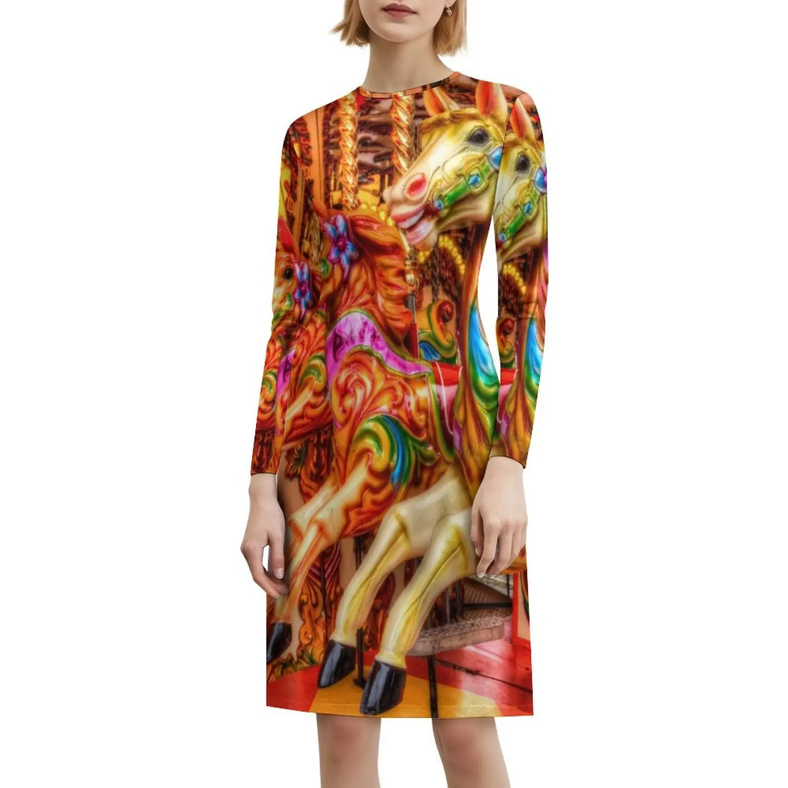 فستان كاراوسيل على الطراز الكوري للنساء فستان كاجوال أنيق للحفلات أو الارتداء اليومي خيول دوارة دوارة للنساء #6