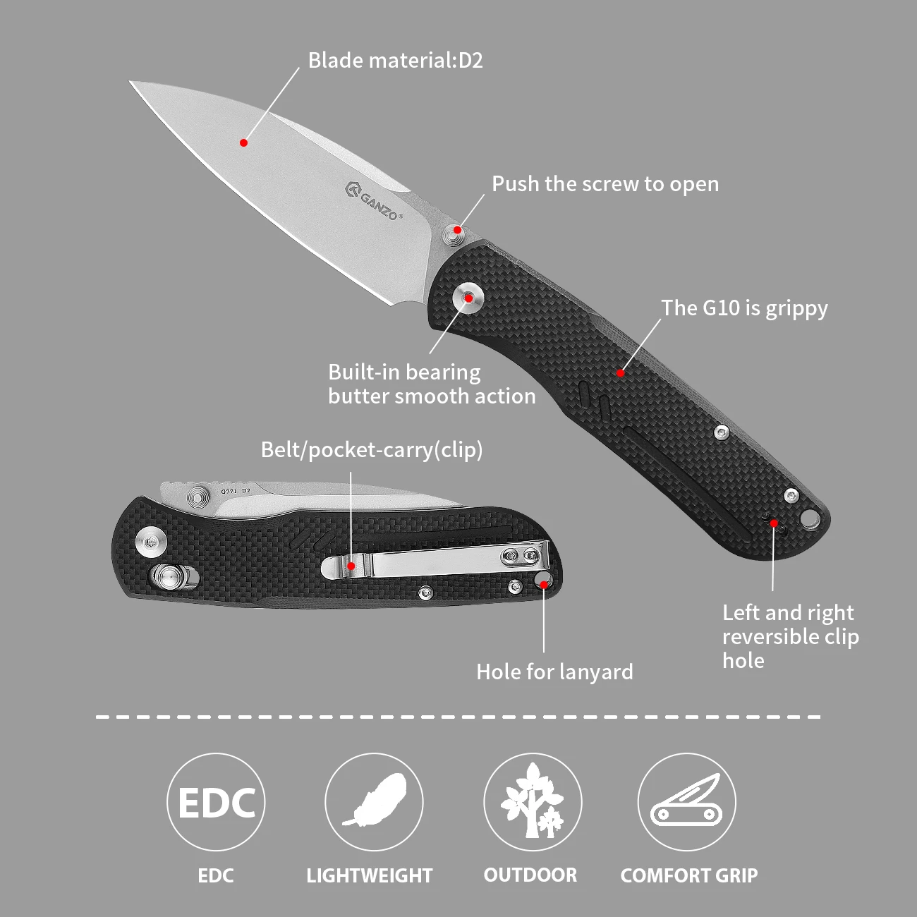 60HRC FBknife Coltello Ganzo G771 modello D2 lama G10 Maniglia Coltello pieghevole Strumento di sopravvivenza Coltello tascabile Strumento tattico da campeggio esterno