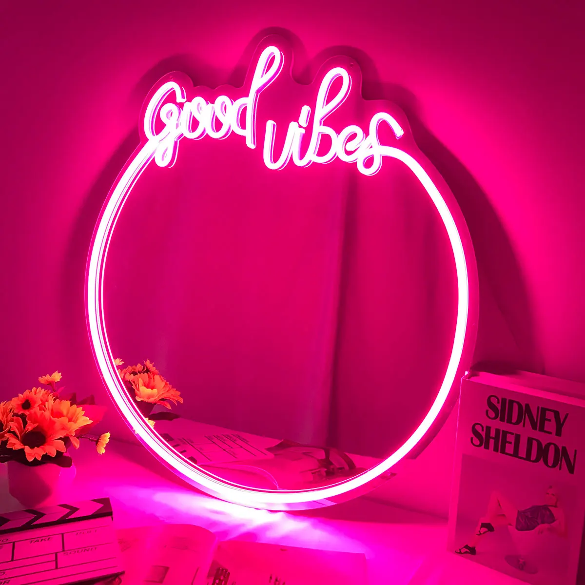 Imagem -02 - Espelho de Maquiagem Led Neon para Meninas Boas Vibrações Luz Rosa Decoração do Quarto Personalizado Lâmpada Atmosférica Noturna Espelho Cosmético Dropshipping