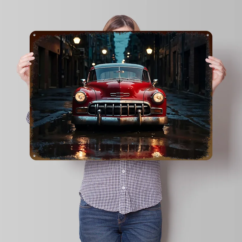 Classic Red Car in Alley Metal Poster Customized Wall Art Retro Vintage Tinplate Signs for Interior Decoration Living Room Decor