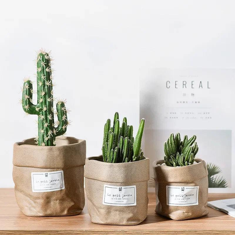 Paper Bag Shape Cloth Bag Ceramic Small Flowerpot Simple INS Kraft Paper Bag Cactus Office Plain Flower Pot