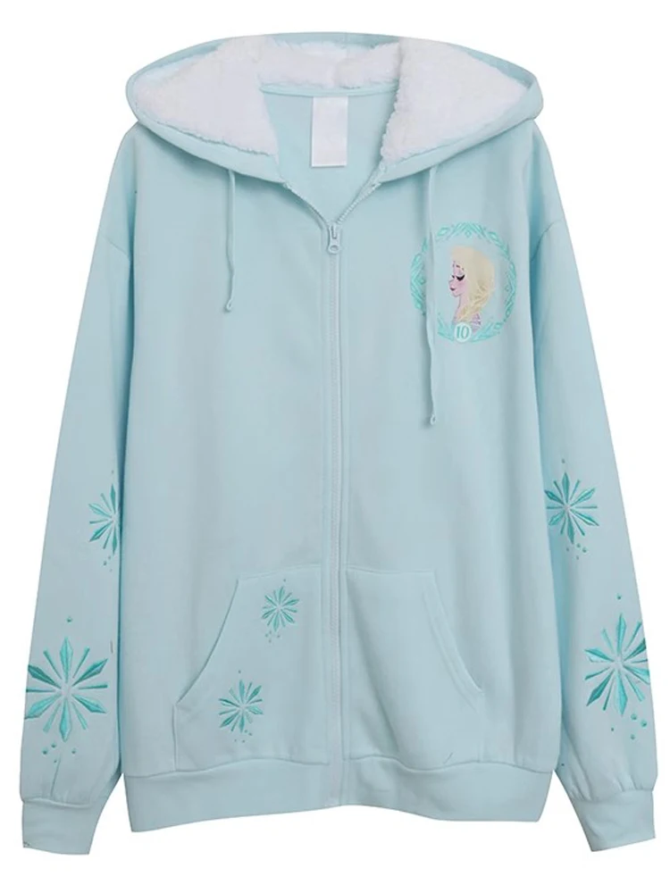 Disney Sweatshirt Frozen Elsa Princess Cartoon Print Snowflakes Embroidery Women Lamb's Wool Hooded Zip Pocket Jumper Tops Femme