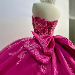 Customized Elegant Fuchsia Women Prom Dresses Strapless Sequined Bow Ball Gown Birthday Party Dress Sweet 15 16 Quinceanera xv