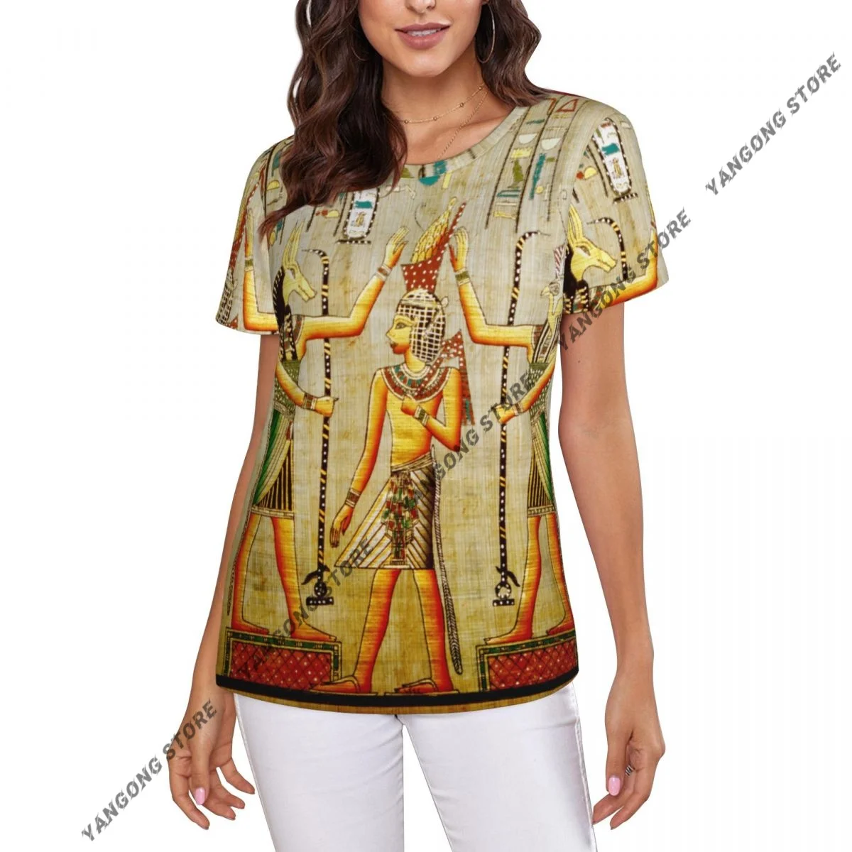 Casual Summer Woman Skinny Fit T-shirt Tight Short-Sleeve O-neck Tee Basic Ancient Egypt Pattern T Shirt