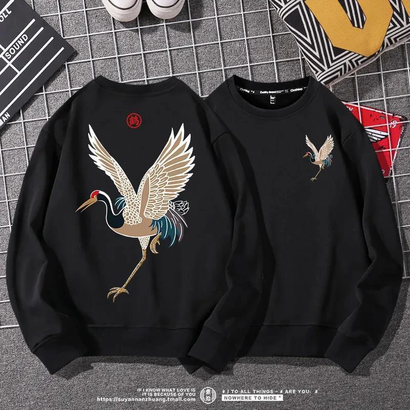 

red-crowned crane print Oversize Unisex Top Autumn Long Sleeve Hooded Men Chinese Style Streetwear Fashion Spring couple Clothes