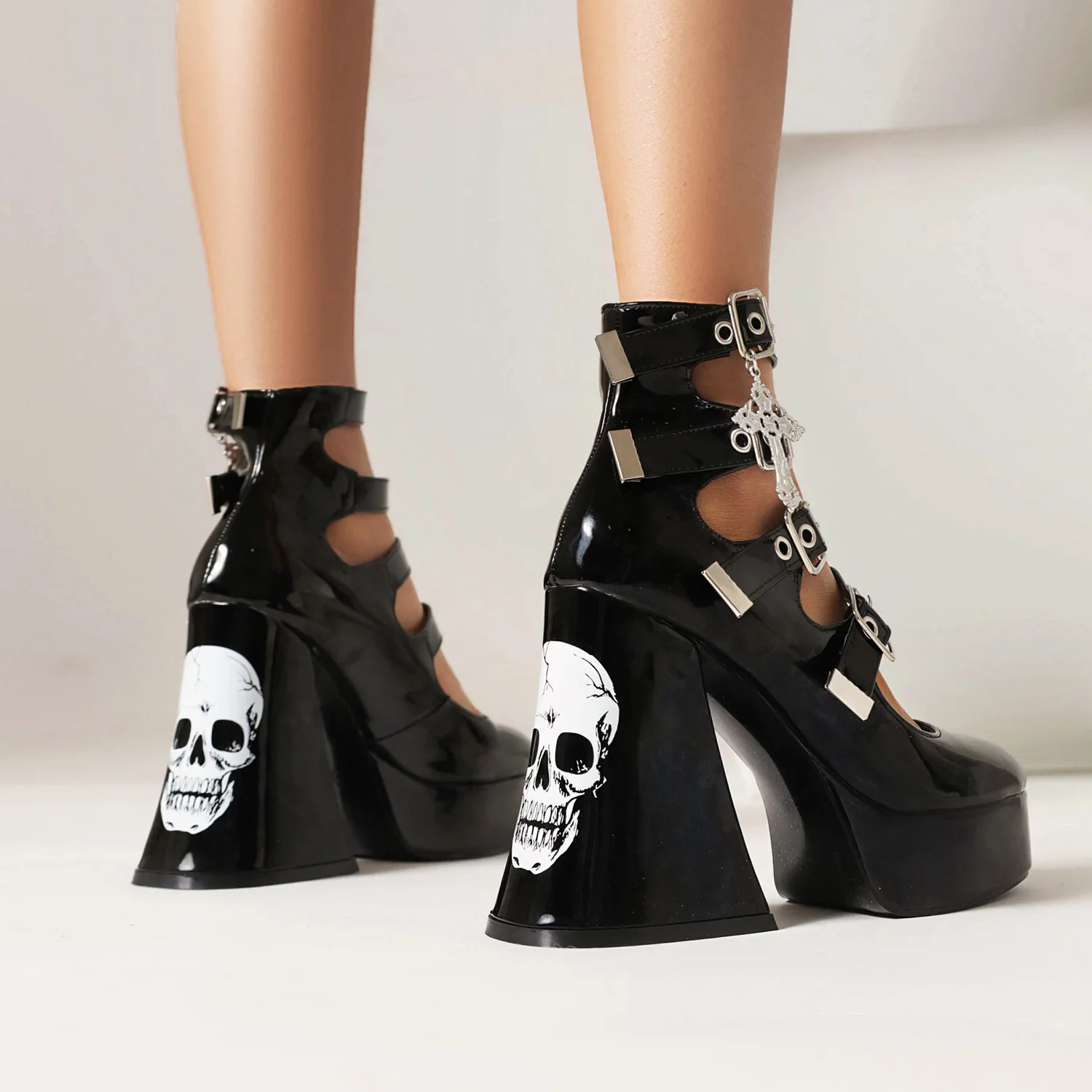 2025 Plus Size Cross Lolita Skull Shoes Punk Dark Gothic High Heels Patent Leather Japanese Retro High Heels