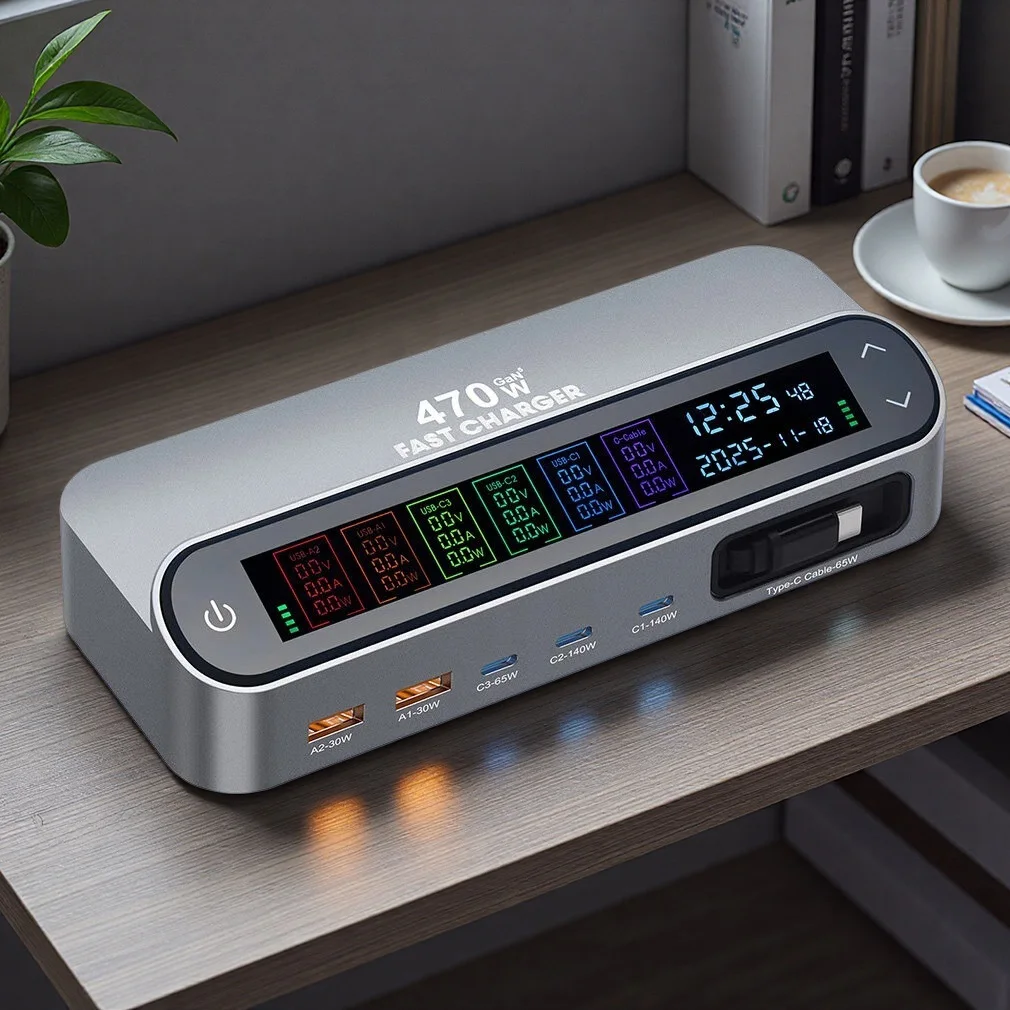 New Multi Port 470W/405W GAN Fast Charger with LCD Display Screen 140W Type C Desktop Charging With 65W Scalable Charging Cable