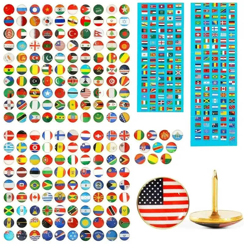 200Pcs National Flag Pins Thumb Tacks Creative Country Map Push Pin Golden Push Pins Decorative Drawing Pins With Flag Index