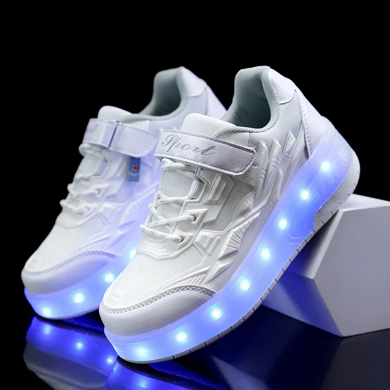 Kid's Sneakers LED Illuminated Shoes Thick Sole USB Charge Roller Skates Outdoor Children Sports Skateboard Shoes for Boys Girls