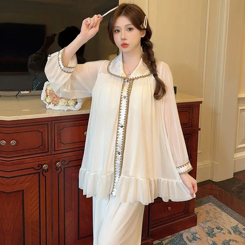 

Net Gauze Thin Home Wear Spring Lace Cardigan Princess Wind with Chest Pad Hollow Set Pajamas French Pajamas Women Long Sleeve