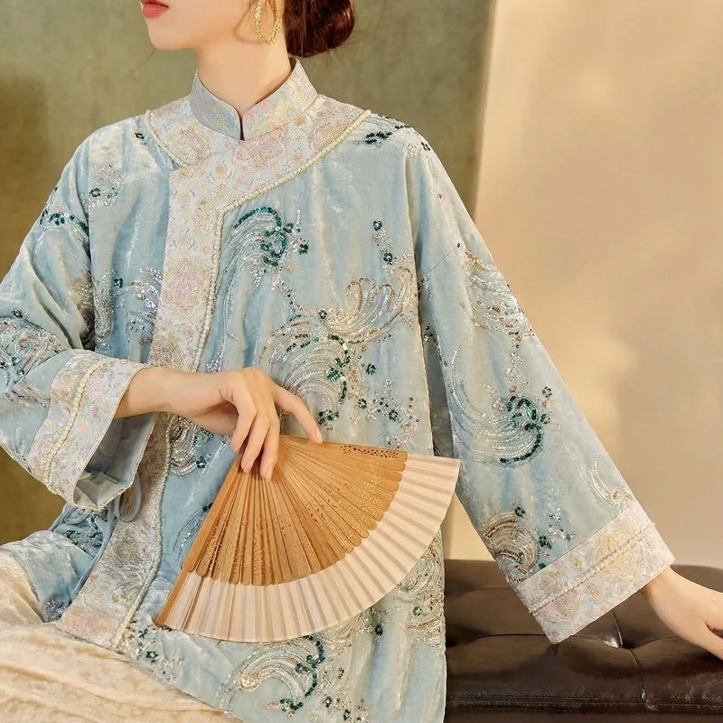 

New Fashion High Quality Spring Embroidered Collar Women Chinese Long-sleeved Coat