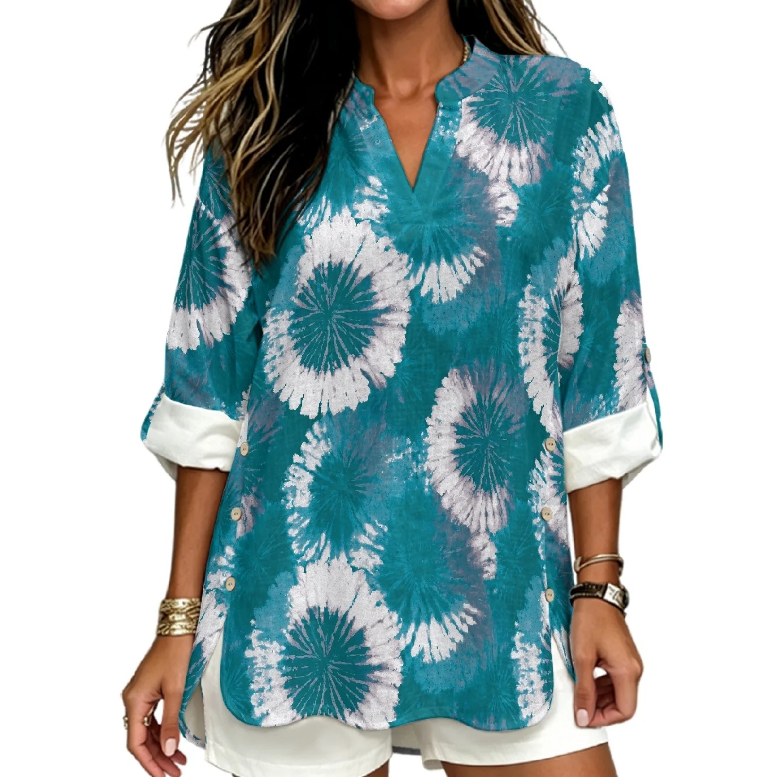 PENSTROLL Teal Tie Dye Print Linen-Like Casual Shirts Comfy Women's Long Sleeve V-Neck Blouse for Business Sizes S-5XL