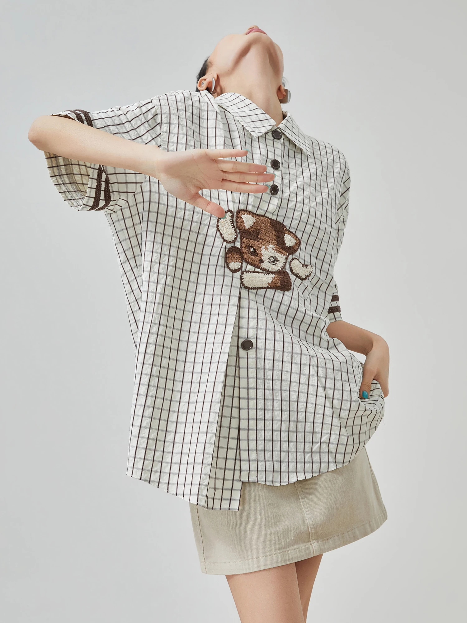 

Casual Cartoon Patterned Plaid Short Sleeve Turn-down Collar Women's Shirt Summer Versatile Top Japanese Retro Style Polyeste...