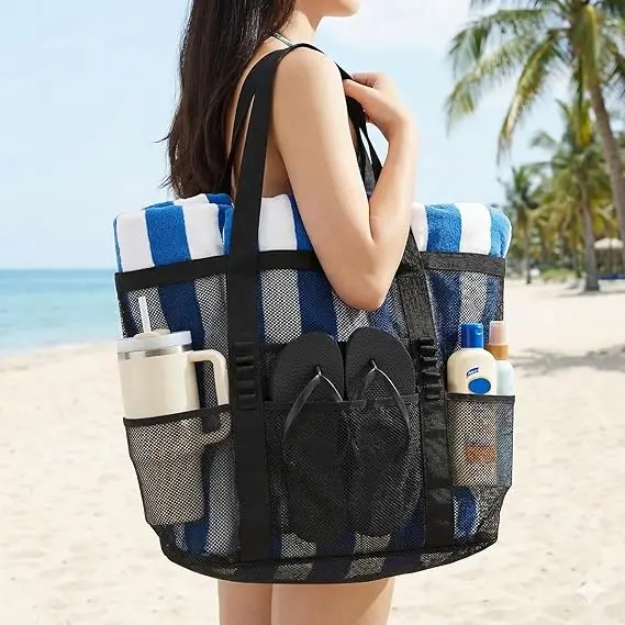 Mesh Beach Bag with Zipper for Women, Large Beach Tote Sandproof Toys Pool Swim Bag Travel Vacation Cruise Essentials