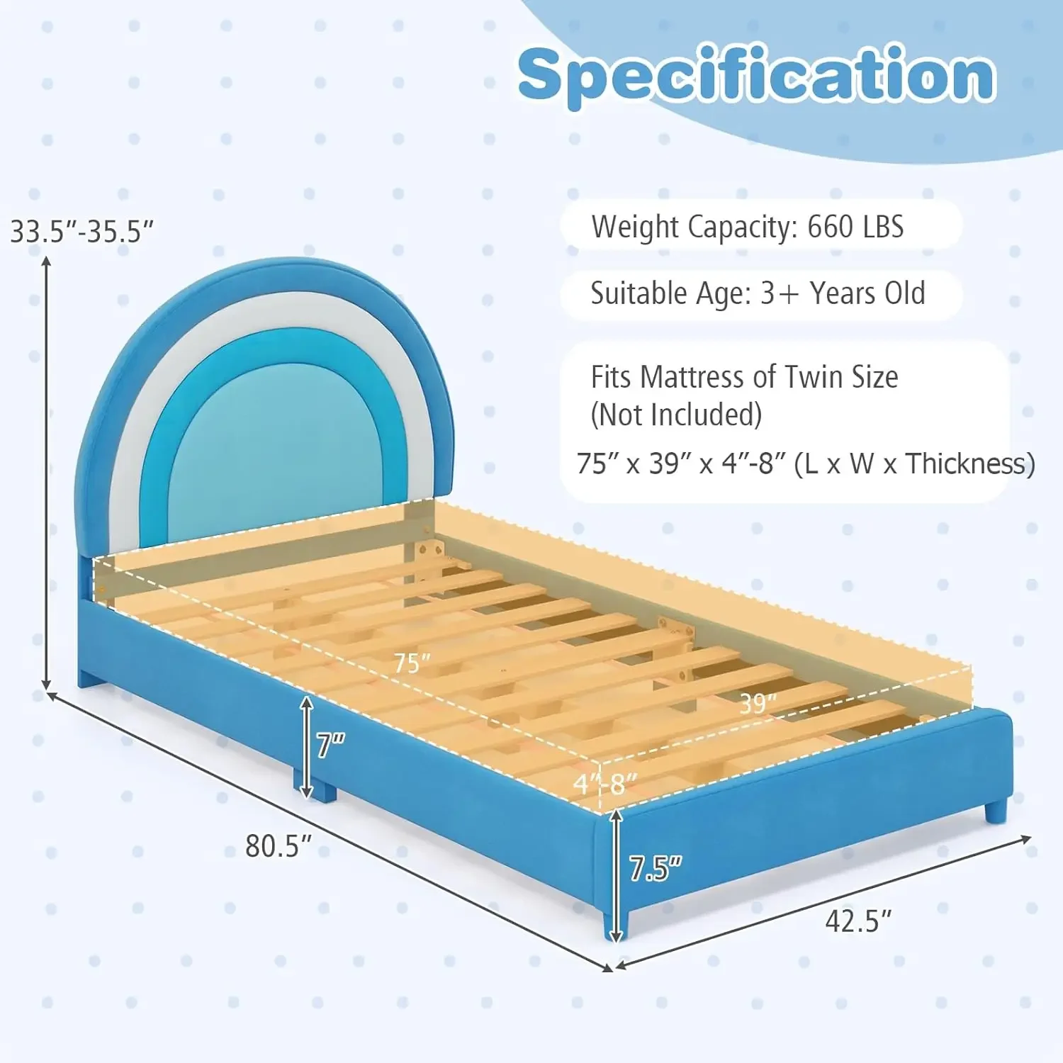 Headboard, Slats Support, 660 LBS Weight Cap, No Box Spring Needed, Easy Assembly, Twin Platform Bed Frame (Blue Rainbow)