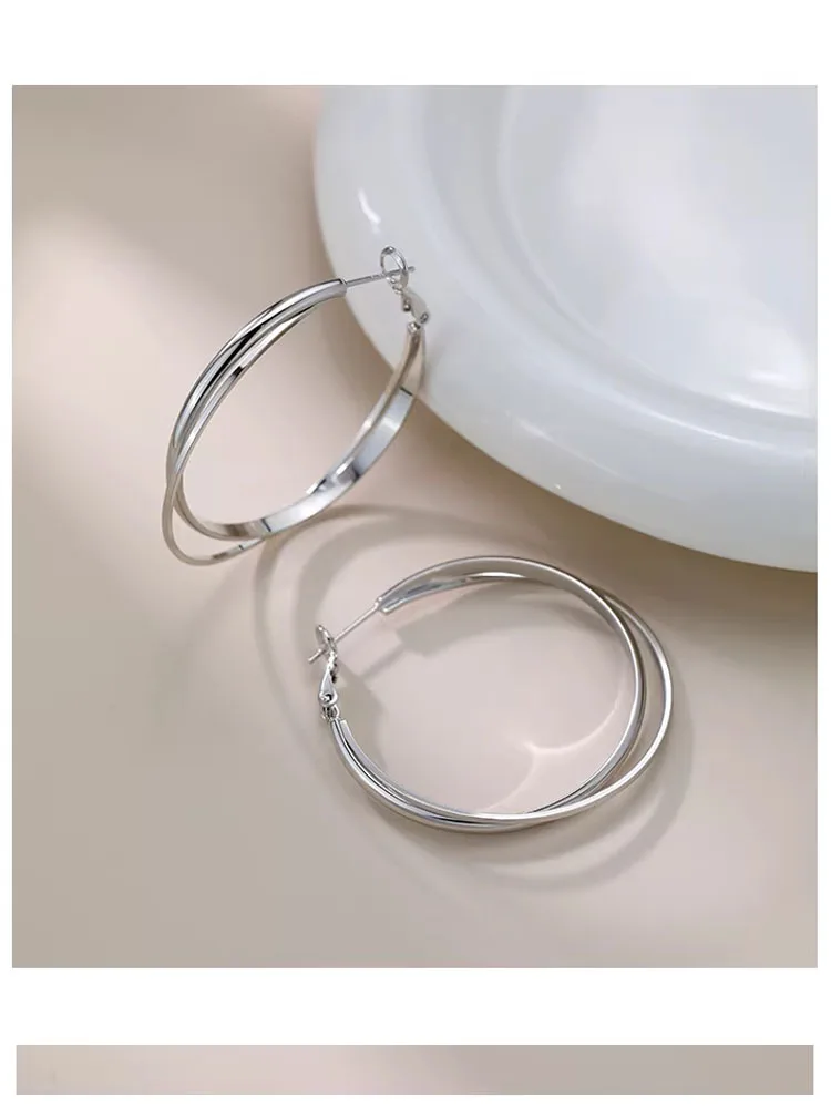 Pendientes de Aro Grandes de Doble Capa Plateados, Novedad 2026, Estilo Minimalista de Alta Gama, Joyería de Moda para Mujer
