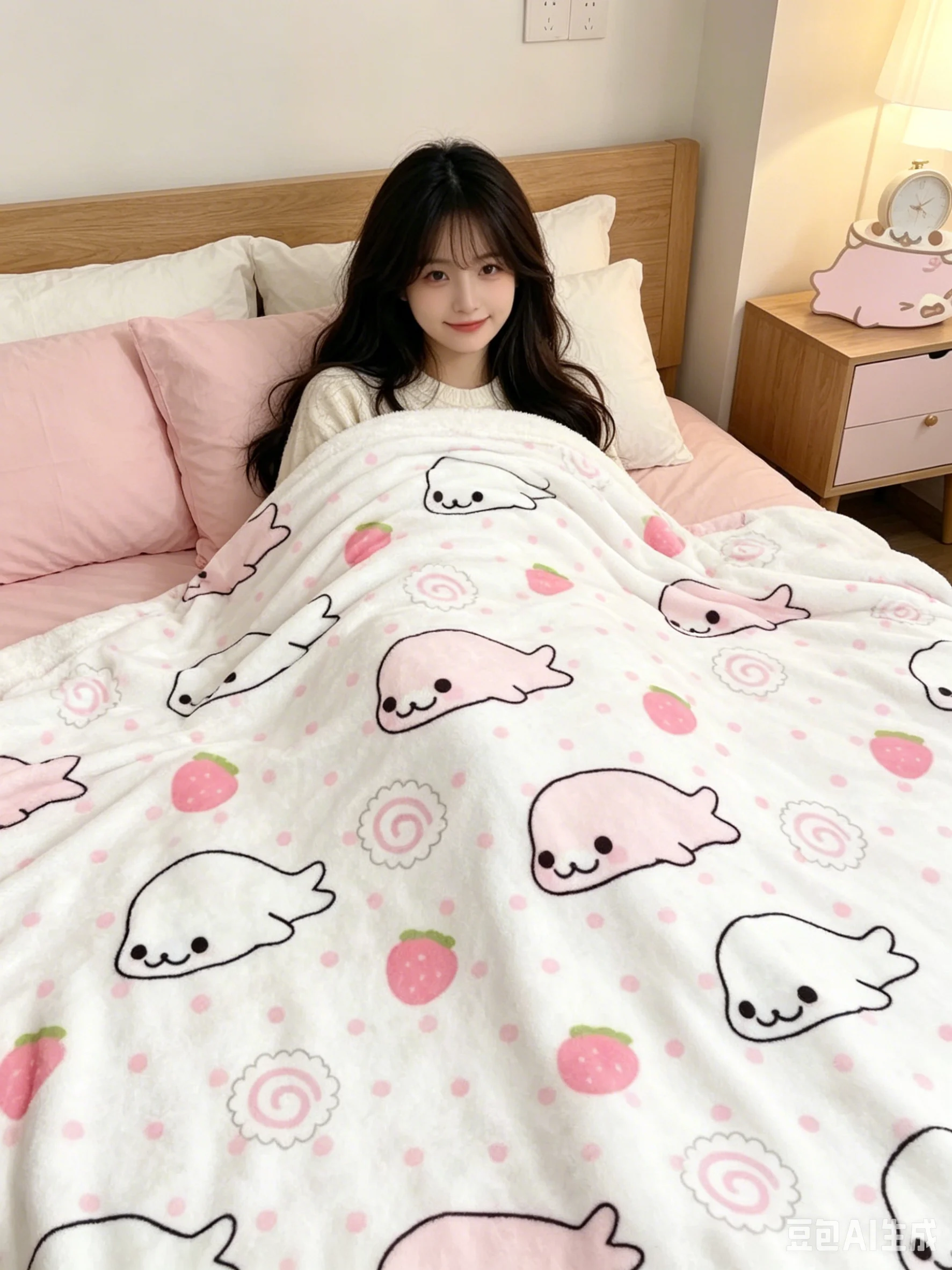 Kawaii Cartoon Pink White Seal Strawberry Print Throw Blanket, Soft Pastel Swirl Dot Pattern Flannel Cozy Blanket, Warm Decor Bl