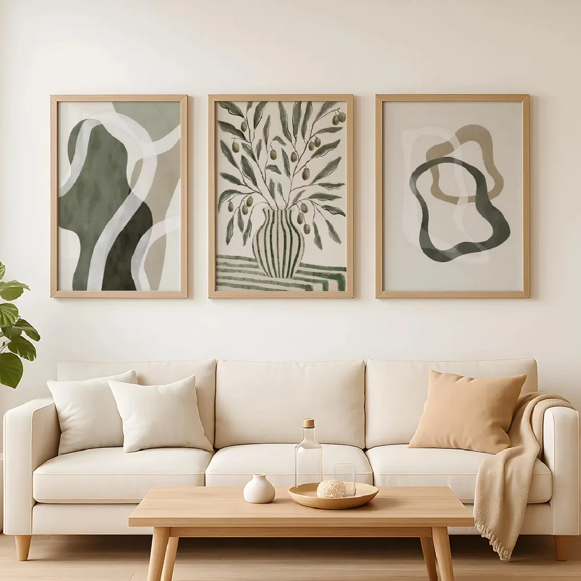 3pcs frameless Canvas Painting 3pcs/set Retro Bohemian Olive Tree Vase Canvas Printing Abstract Green Plant Geometric Wall Art P