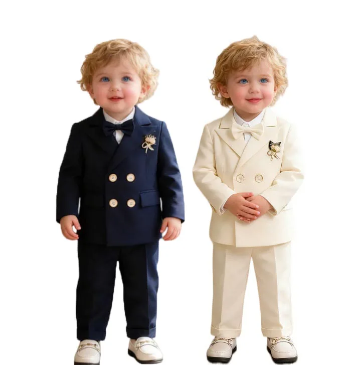 Russia Boys Navy Blue 5Pieces Jacket Vest Pants Bowtie Flower Wedding Dress Kids Birthday Gift Suit Children Ceremony Costume