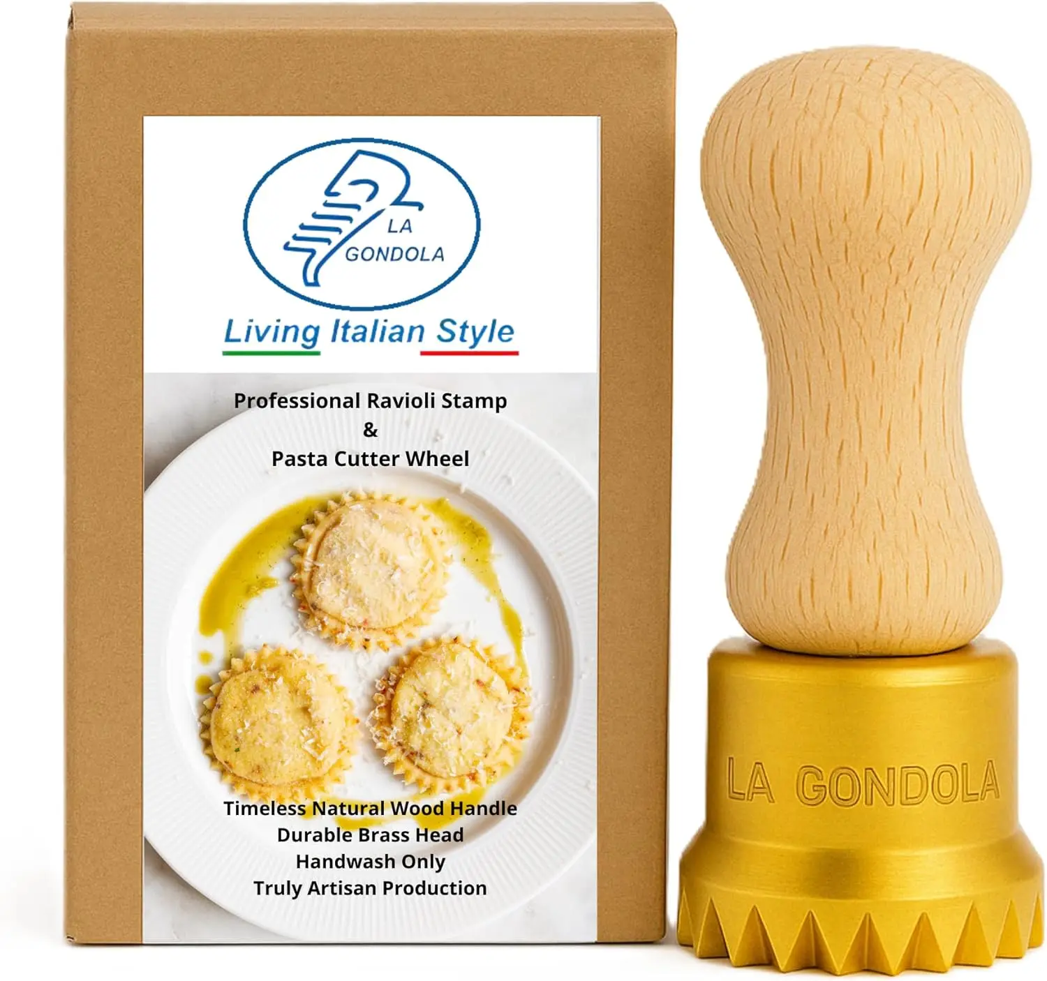 

Italian Ravioli Stamp - Round 1.97in | Brass & Wood Pasta Cutter for Home and Business | Easy to Use