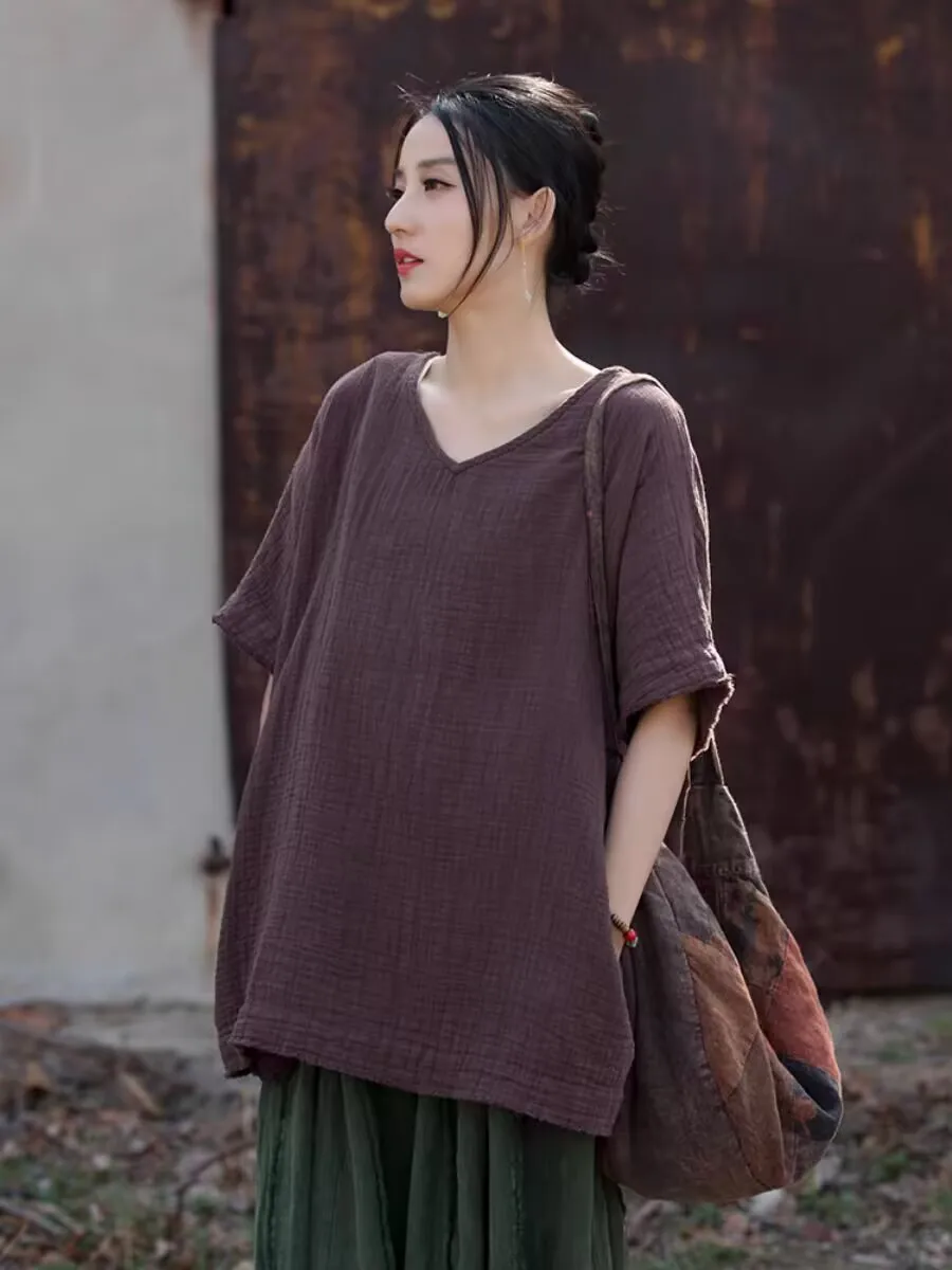 RAIN YAN LIN Camiseta de lino negra con cuello en V para mujer, holgada, con hombros caídos, manga corta, informal, de algodón y lino, básica, para verano