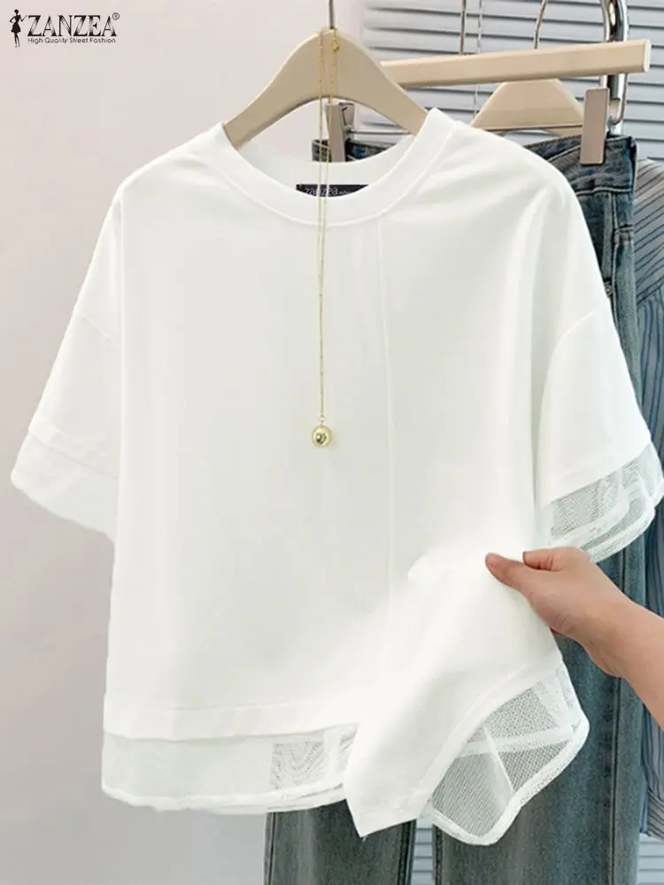 เสื้อเชิ้ตทำงานสไตล์ ZANZEA เสื้อผ้าตาข่ายสำหรับฤดูร้อน เสื้อผู้หญิงลำลอง คอทรงโอ แขนสั้น เสื้อทำงานผู้หญิง เสื้อคลุมทำงาน