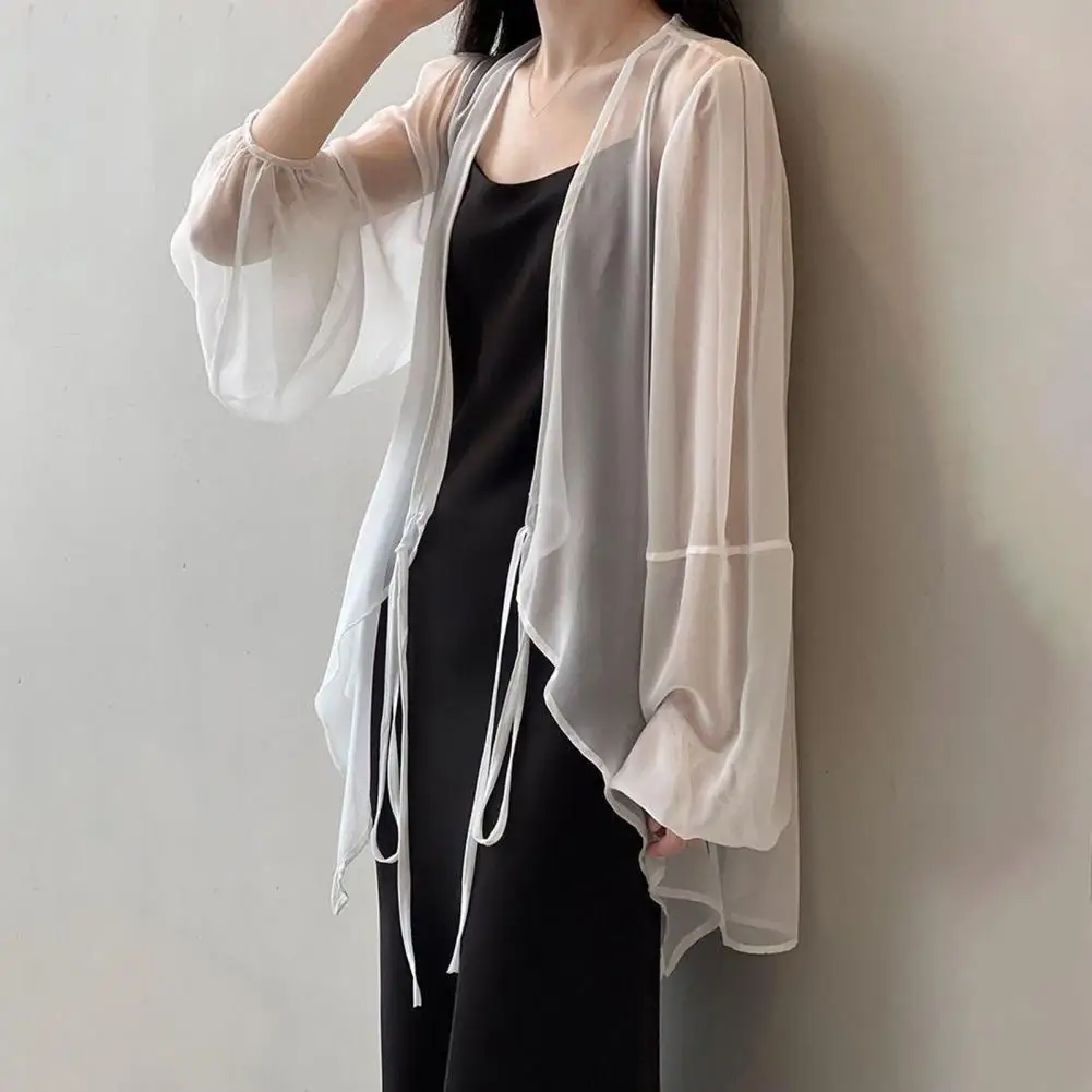 

Summer Women Blouse Puff Sleeve Long Chiffon Sunscreen Shirts Cardigan Black Loose Sun Protection Lady Shirt Tops Hem Shawl Coat