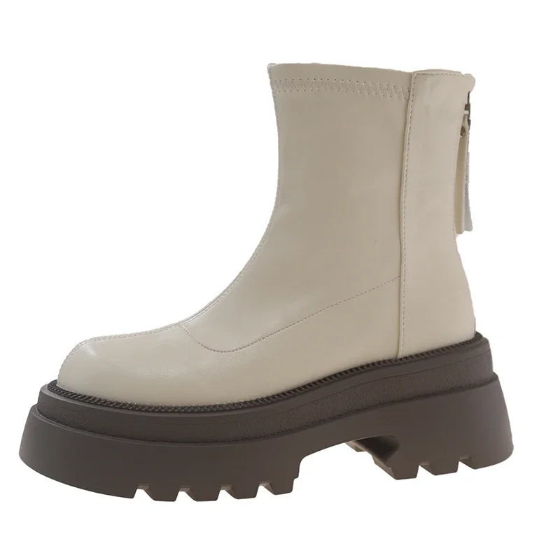 Bottes Courtes à Talon Plateforme pour Femme, Chaussures de Rinçage à Fermeture Éclair Arrière, à la Mode, Nouvelle Collection Automne Hiver 2024