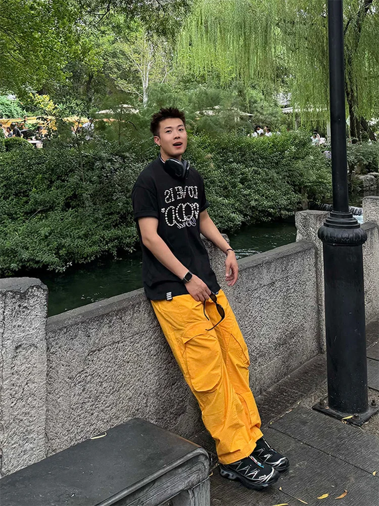 Yellow Outdoor Climbing Cargo Pants Men's Spring Autumn New Style Windproof Waterproof Sports Casual Trousers Workwear Trendy