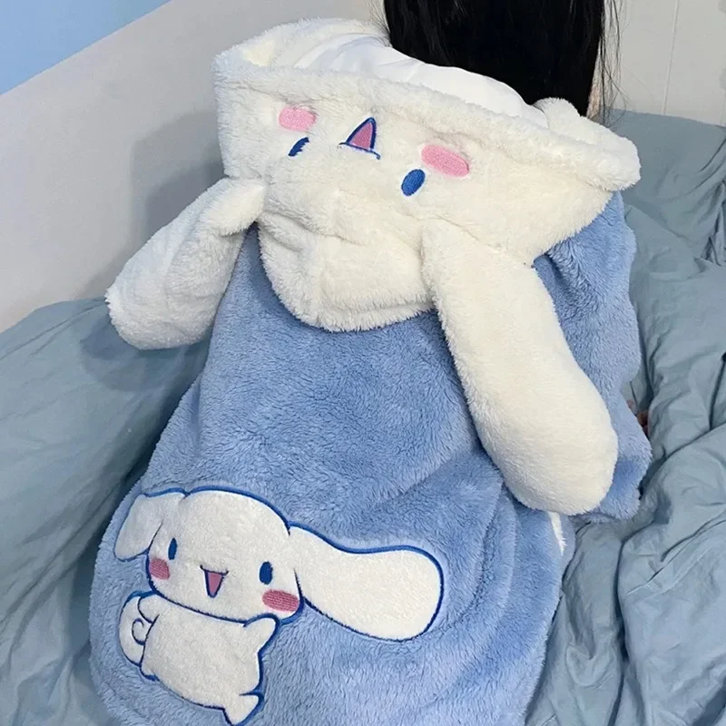 Sanrio Cinnamoroll Hooded 2 Pcs Pyjama Sets for Women Y2k Warm Soft Plush Thickened Winter Long Loose Pajamas Soft Homewear