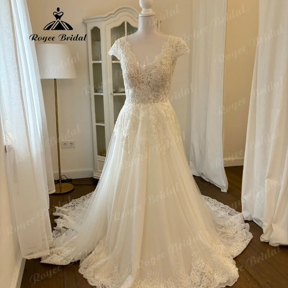 Vestido de noiva sem costas com mangas para mulheres, vestido de princesa, Apliques, Renda, Casamento, Personalizado, 2021