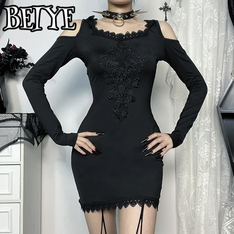 Harajuku mode borduurwerk bodycon mini-jurk zwart vestido grunge techwear mall gothic off-shoulder goth dark jurken met capuchon