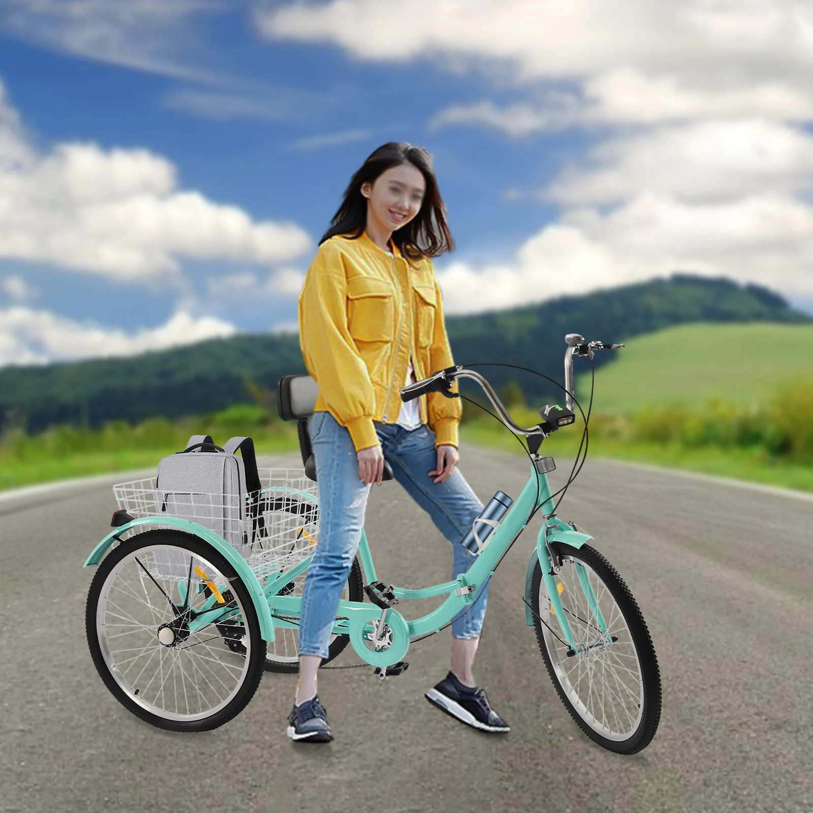 Tricycle for Adults 24 Inch Foldable 3 Wheels 7 Gears Adult Bicycle Tricycle Bicycle Cruise Bikes with LED Light Cup Holder