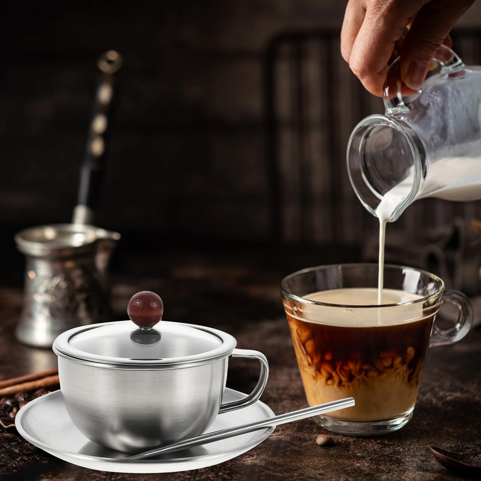 

1 Set Vintage Coffee Cup Set Stainless Steel Rustic Mugs Saucer For Espresso Cappuccino Latte Tea Drinkware Kitchen Barware