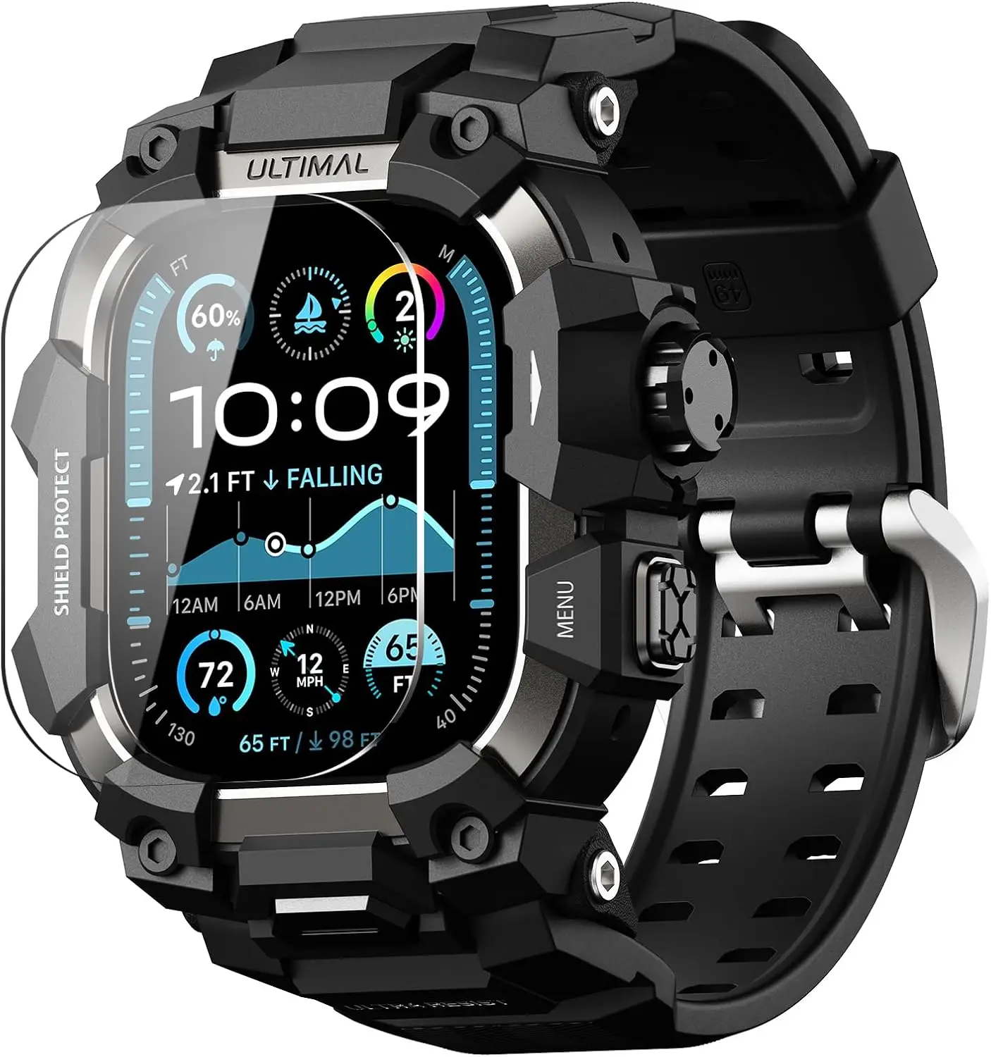 

Прочный ударопрочный чехол военного класса с ремешком для Apple Watch Ultra Series 49 мм, тактический дизайн, черный цвет