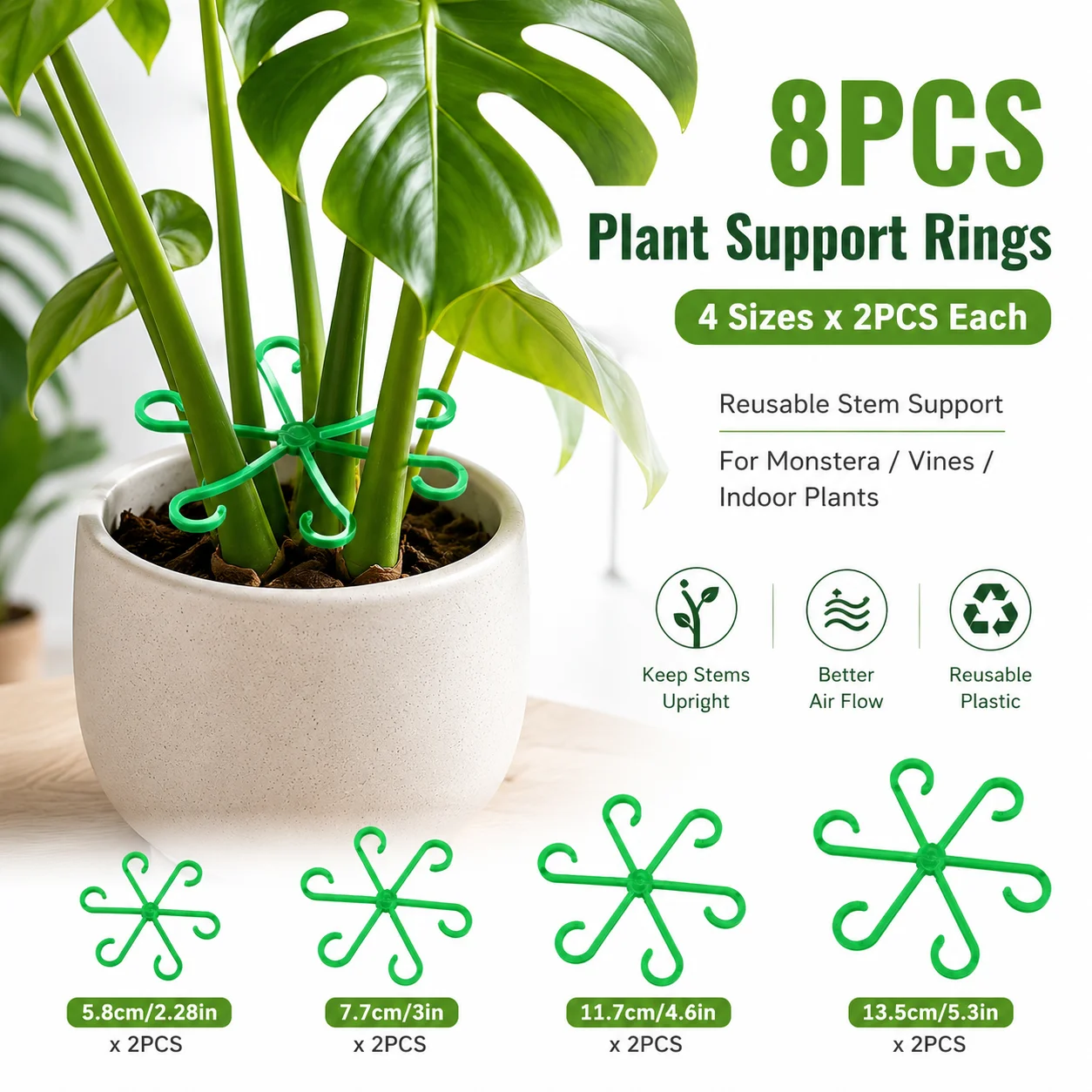 8PCS Green Plant Support Rings 4 Sizes Reusable Monstera Stem Holder Trellis Clips for Indoor Potted Vines